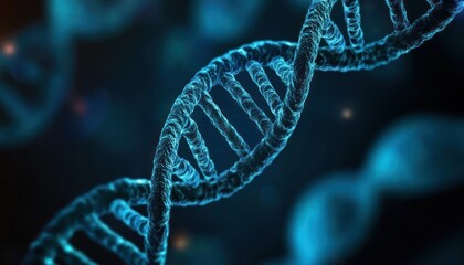 A close-up view of a DNA double helix, showcasing intricate details and a blue, glowing aesthetic against a dark background.