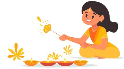 a 2D cartoon illustration of a person lighting a Diwali lamp, bright and joyous, white background--ar 16:9