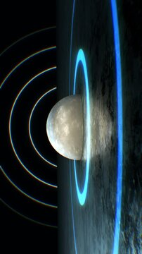 A rotating sweeping landscape reflecting a central moon spheroid that is emitting pulsating circular shapes representative of a frequency or audio waves.