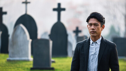 Person standing by the gravestone, attending to the burial site with a melancholic expression, in the graveyard
