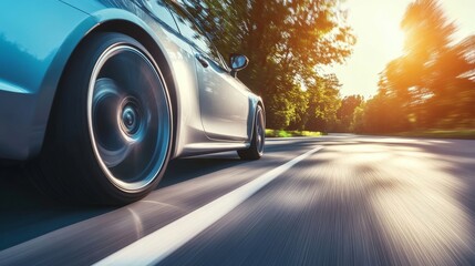 Fast car driving on a sunny road, capturing speed and sunshine through vibrant photography.