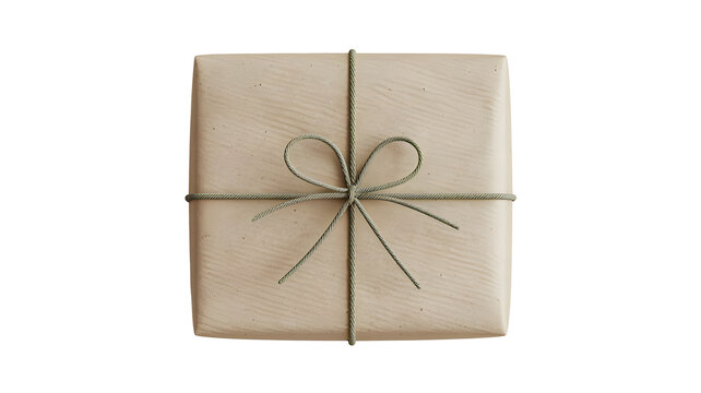 A simple rectangular gift box wrapped in natural kraft paper, tied with a decorative green twine or string in a loose bow. PNG background.
