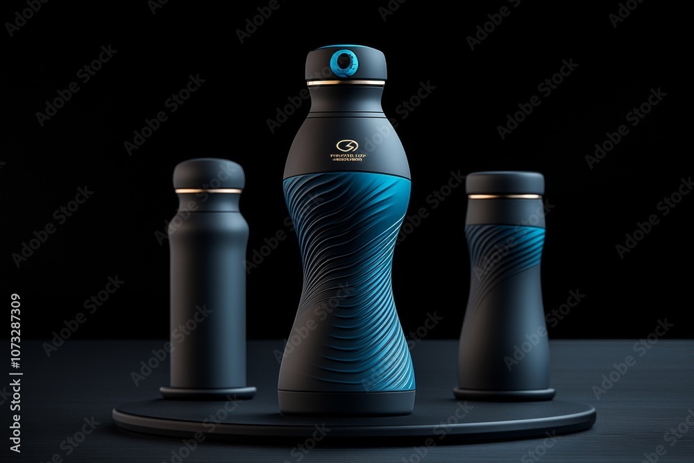 Poster 3d-rendered product design showcasing a modern water bottle, with sleek lines and a unique cap desig