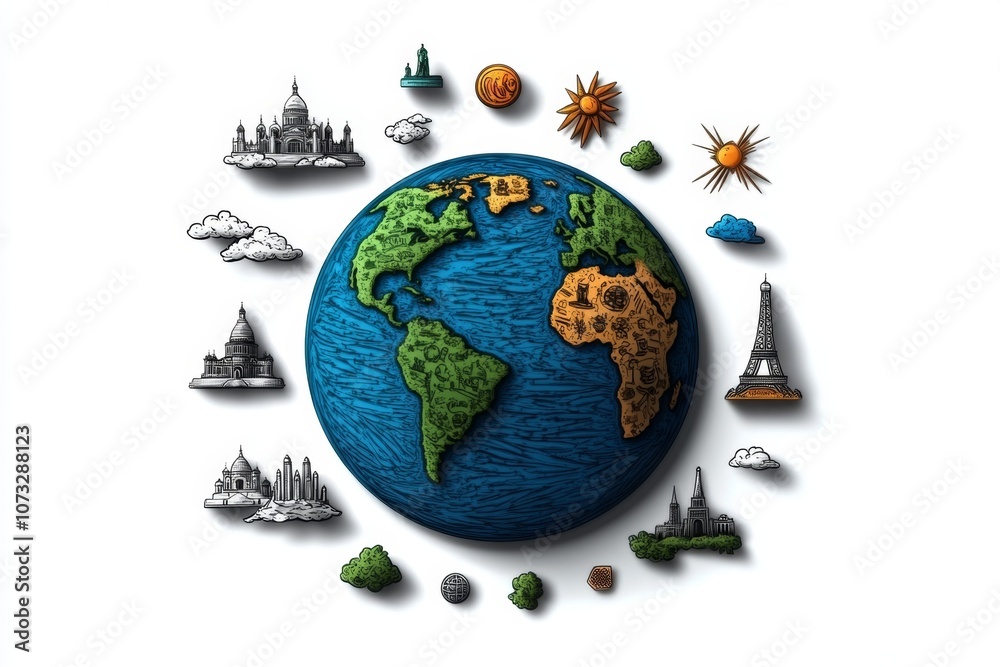 Poster a colorful 2d drawing of earth with small icons representing different cultures around the world, se