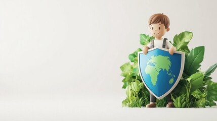 character with earth-shaped shield, nature conservation theme, white background