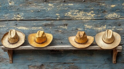 Four straw cowboy hats on a rustic wooden shelf against a weathered blue wall.