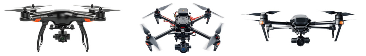 Variety of drones for aerial photography and exploration isolated on transparent background