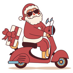 Santa Claus on scooter vector Christmas cartoon character isolated on a white background.