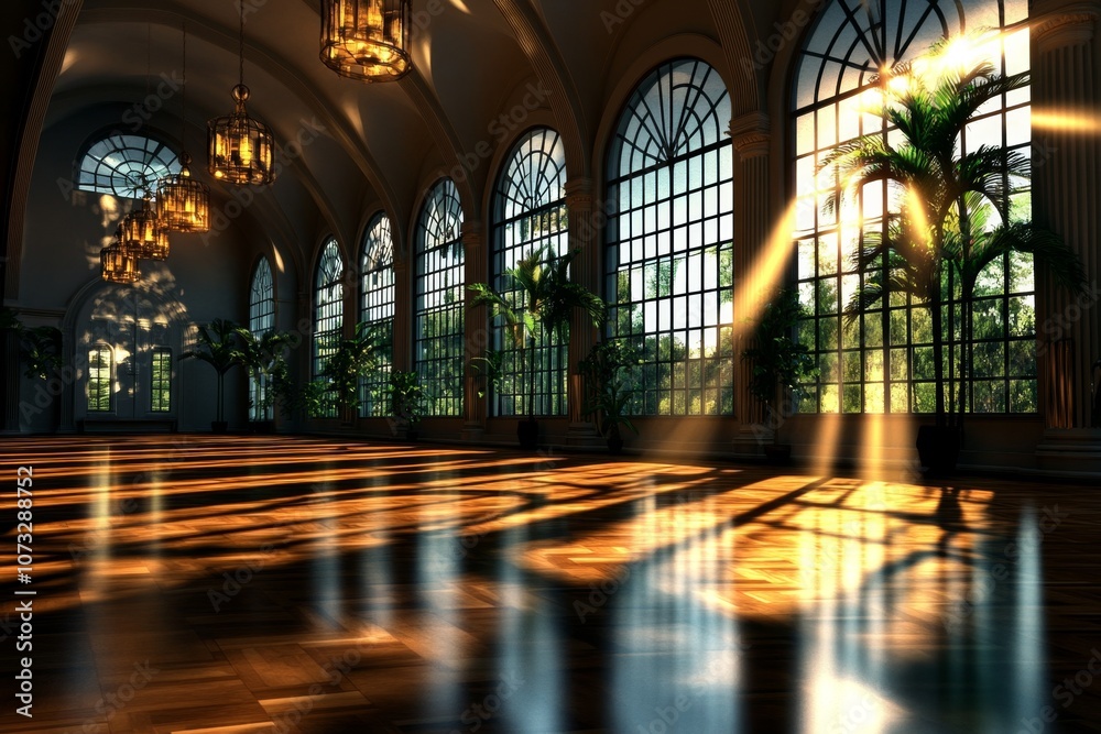 Poster a digital 3d illustration of a yoga class in a serene studio with light streaming through large wind