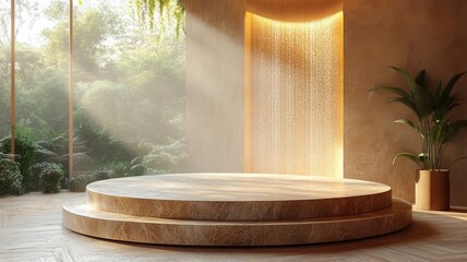 A natural sand podium, smooth and sculptural, placed in a minimalistic outdoor setting. Generative AI