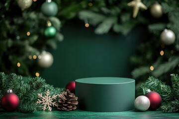 Golden podium and Christmas decor, fir trees, transparent balls on a dark green background Concept stage showcase for sale, banner with generative ai