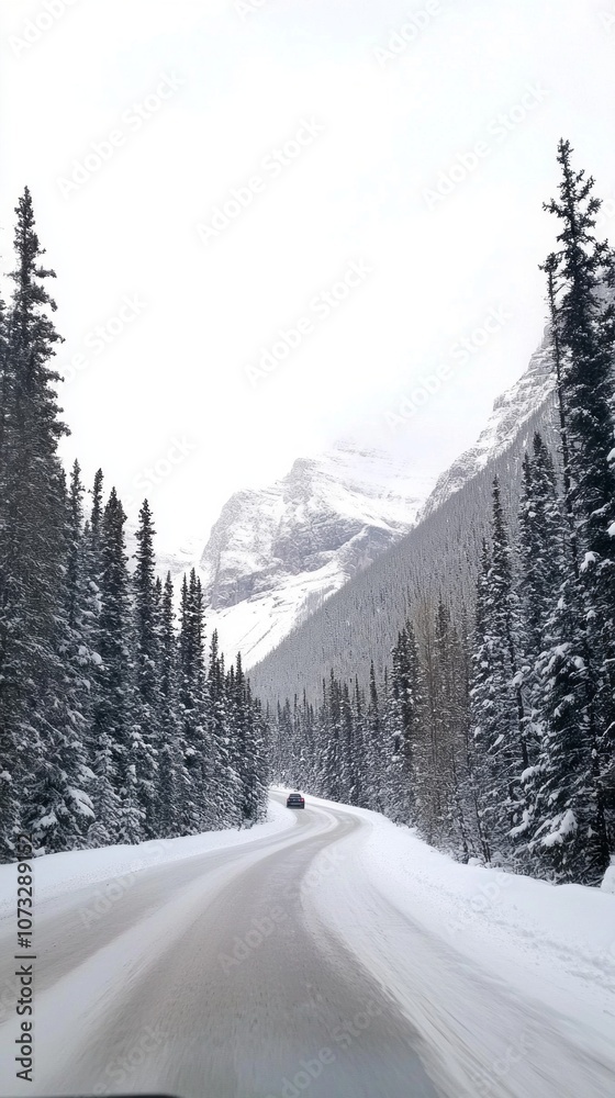Poster a snowy road with trees in the background