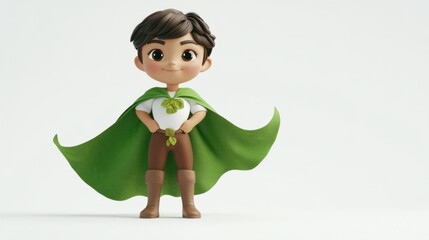 Cute environmental hero character with green cape, isolated on white background