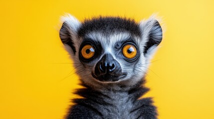 Naklejka premium Lemur with bright yellow eyes, close-up animal portrait, unique wildlife, vibrant background, expressive look, isolated against yellow, fascinating primate features