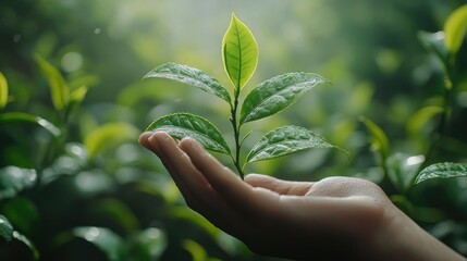 A hand gently holds a fresh green tea plant with dew drops against a backdrop of lush greenery.