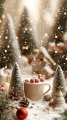 Cozy stock photo featuring a cup surrounded by miniature Christmas decorations, with a snowy forest in the background, white space for text above