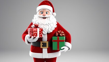 Fototapeta premium Cheerful Santa Claus with a sack of colorful gifts standing against a light background, New Year