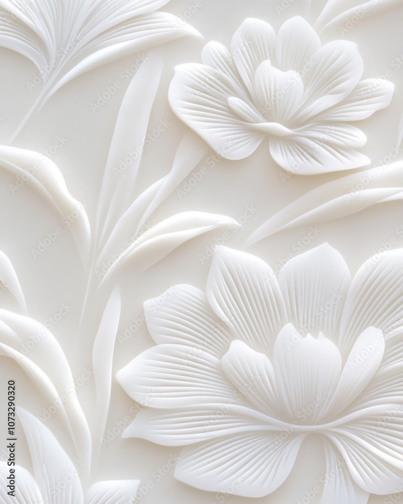 Poster an intricate display of abstract braille flowers blossoming in a soft white texture