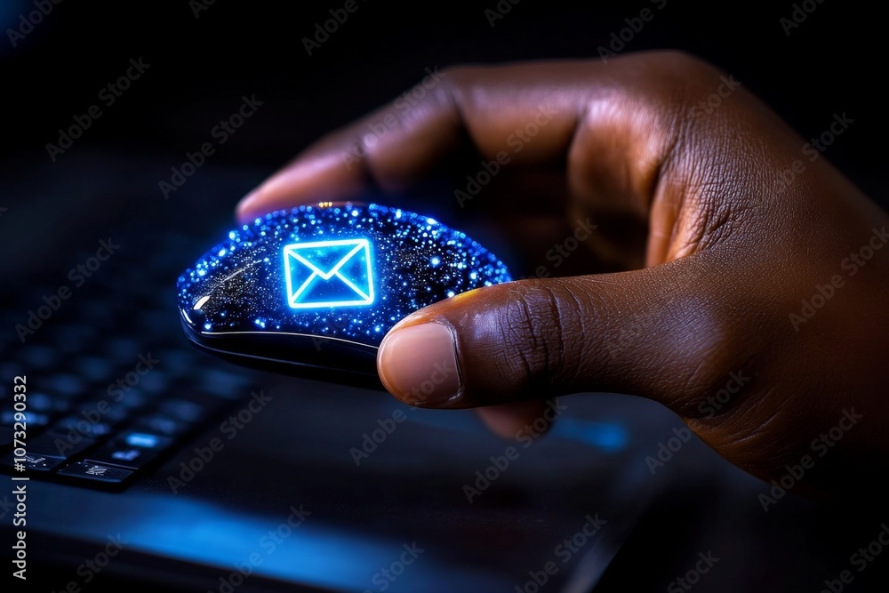 Poster A hand reaching towards a computer mouse with an email notification visible on the screen