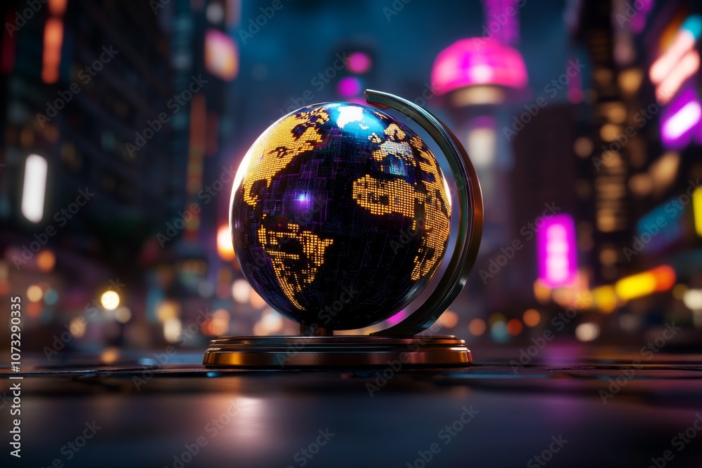 Poster a high-tech cyberpunk globe with holographic projections of continents and vibrant colors, set in a 