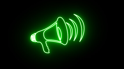 Abstract glowing green neon hand speaker icon with sound wave. Concept of megaphone on black background