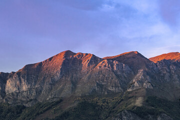 Naklejka premium Greben mountain range, Accursed Mountains (Prokletije), Montenegro — monumental peaks at sunset