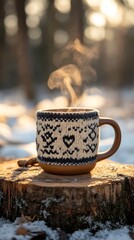 Minimalist photo of a warm cup with a Scandinavian knit pattern among frost-covered trees, steam rising in the cold air, space for text above