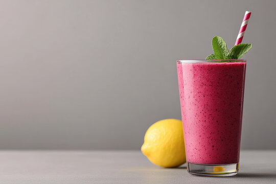 Refreshing berry smoothie garnished with mint and lemon, perfect for summer enjoyment or a health boost.