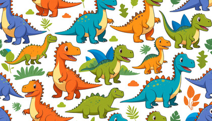  A colorful and playful pattern featuring various dinosaurs in different poses and colors.