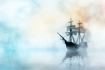 Fototapeta premium An Adventurous Caribbean Pirate Ship Sailing Through Mist Towards a Tropical Island Paradise