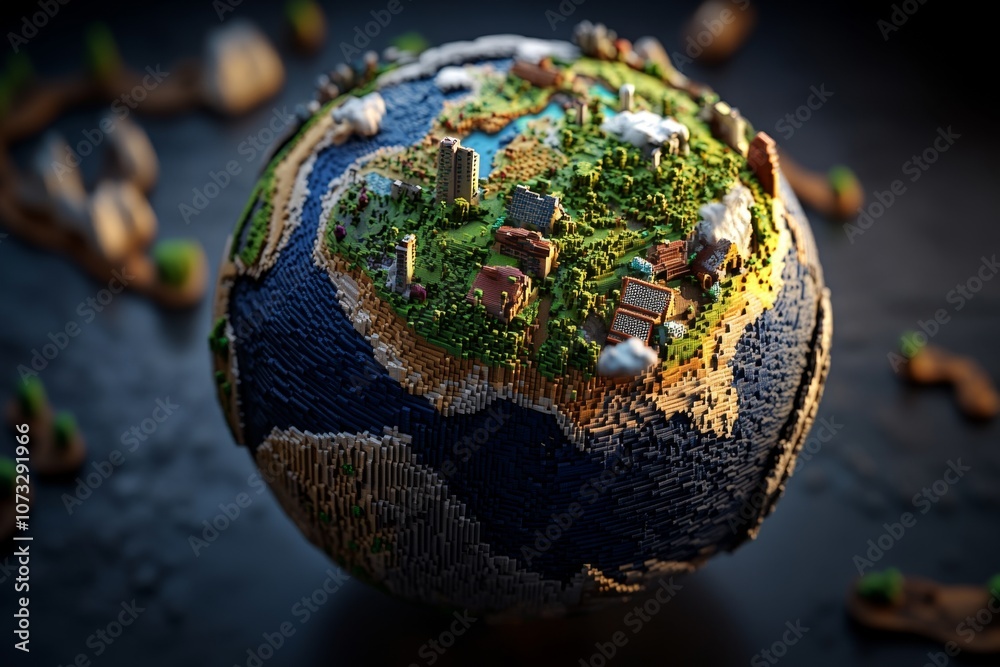 Poster a pixel art globe with tiny, colorful continents and oceans, resembling a retro video game map