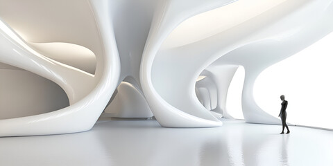 Obraz premium Futuristic White Architectural Interior With Abstract Curves and Man - A solitary man observes the expansive space, enhancing a sense of futuristic design and innovation.