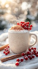 Photography of a warm cup of cocoa with steam, cinnamon and rowan berries nearby, soft winter sunlight and snowy trees in the background, space for text above