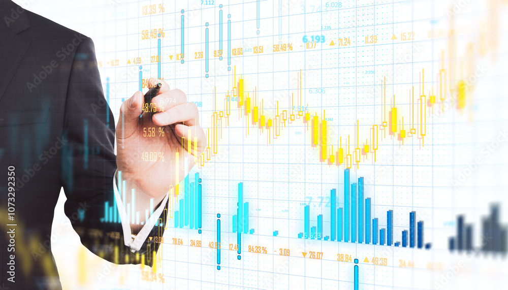 Poster A businessperson in a suit analyzes financial data using a pen, with a transparent background displaying graphs and charts. Concept of finance and technology. 3D Rendering.