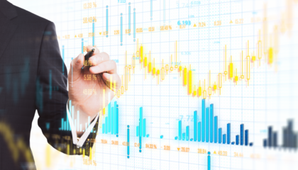 A businessperson in a suit analyzes financial data using a pen, with a transparent background displaying graphs and charts. Concept of finance and technology. 3D Rendering.