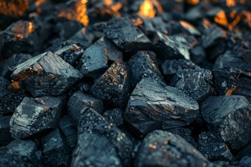 Photo of Big pile of natural black coals. Background texture for backdrops or mapping
