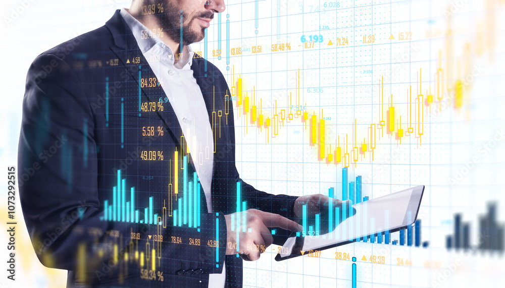 Poster businessperson using a tablet with financial data charts and stock market graphs overlaid. white bac