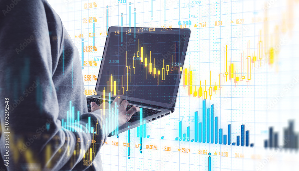 Aufkleber A person using a laptop with financial stock market data displayed on the screen, with graph charts overlayed, on a light background. Business concept. 3D Rendering.