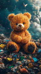Vibrant illustration of a large teddy bear sitting atop a city dump, symbolizing the contrast between childhood innocence and urban environmental issues, ideal for discussions on pollution and waste 