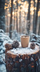 Minimalist photography of steam rising from a cup placed on a stump among frost-covered branches, surrounded by pinecones and forest light, space for text to the left