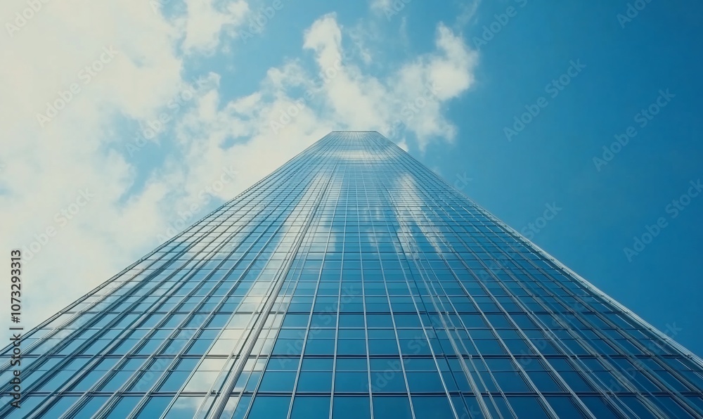 Poster a low angle view of a tall glass skyscraper reaching up to a blue sky with white clouds.