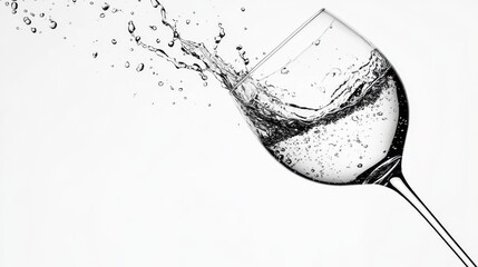 Detailed water splash from a glass, droplets frozen mid-air on a crisp white background