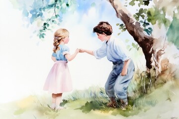 Fototapeta premium Two Children Sharing a Tender Moment Under a Lush Tree in a Peaceful Meadow During a Sunny Day