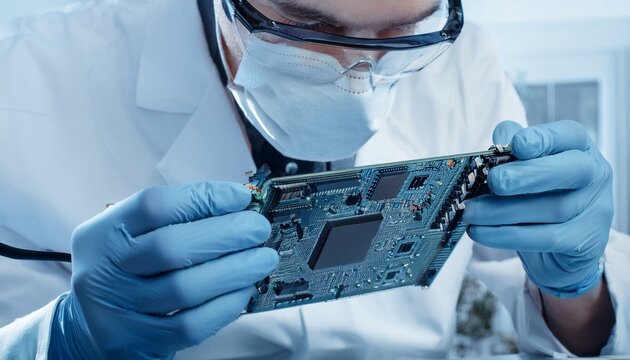 Worker wearing gloves testing electronic components with specialized equipment, electronic testing, quality verification,aligh center