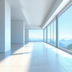 Empty Spacious Office Room with Large Windows and Mountain View. Modern Interior Design