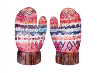 Colorful mittens with intricate patterns on a white isolated background.