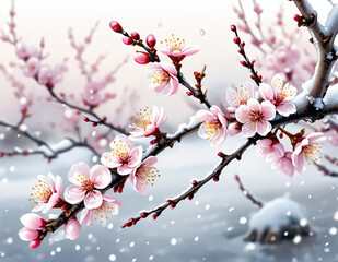 Obraz premium Blooming cherry blossoms, bravely and elegantly braving the icy winter, with white accents stand upright and unyielding, while snow-covered branches and scattered petals form a harmonious composition