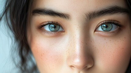 Fototapeta premium Asian woman's face closeup with healthy skin, beautiful features, isolated on white