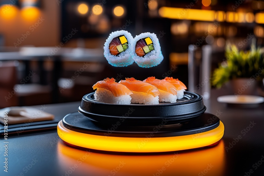 Poster futuristic food display with holographic sushi hovering over a neon-lit table