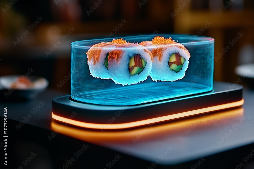 Aufkleber futuristic food display with holographic sushi hovering over a neon-lit table